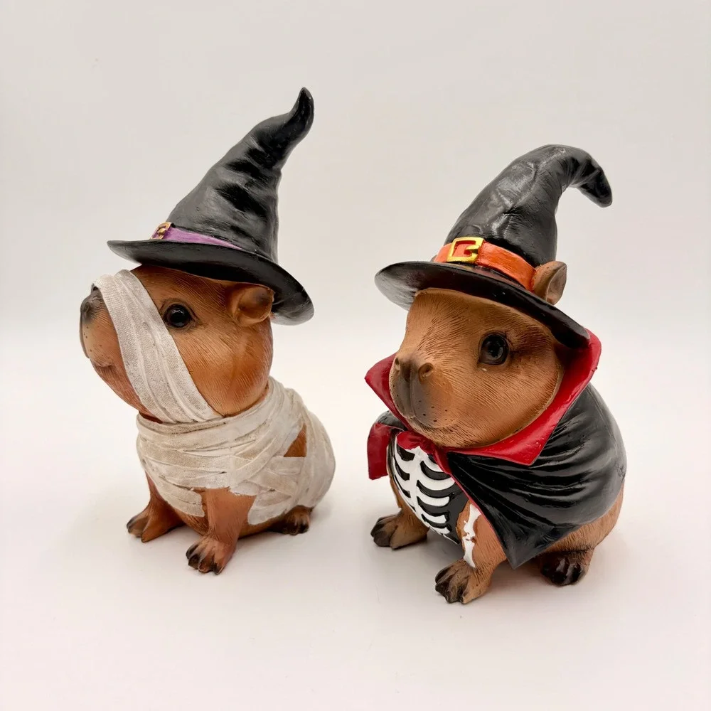 Halloween Capybara Figurine Set 2 Mummy Skeleton Vampire Witch Hat Decor Hamster